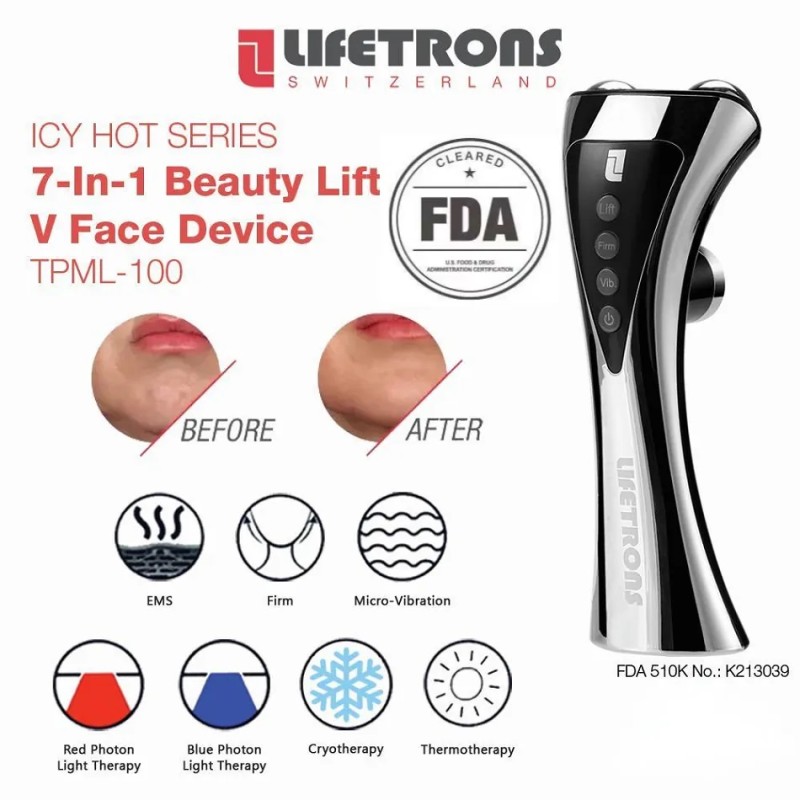 Lifetrons 7-In-1 Beauty Lift V Face Device with Red/Blue Photon, Lifting, Firming, Cold/Heat and Massage (TPML-100)