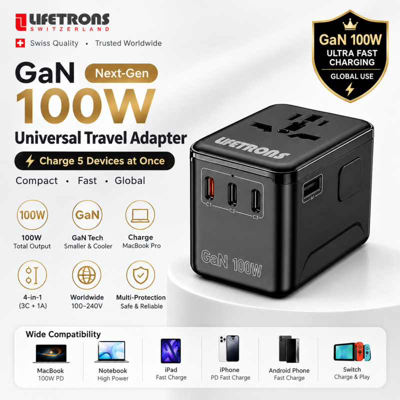 Lifetrons 100W GaN Universal Travel adapter |Fast Charge