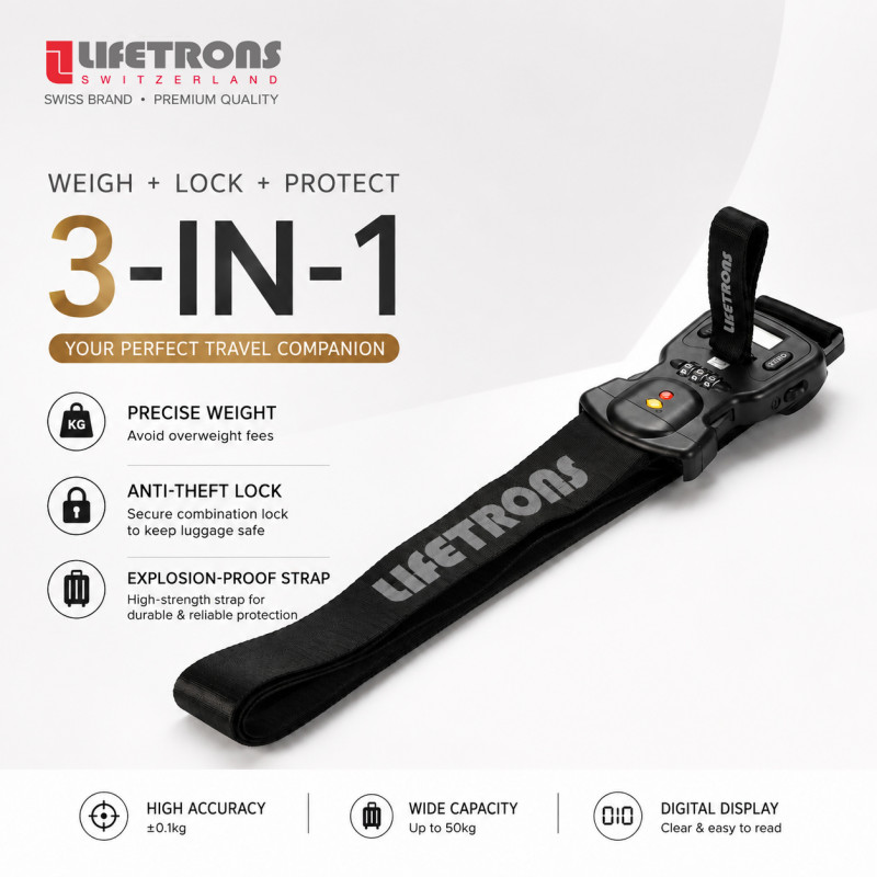 Lifetrons 3-in-1 Smart Luggage Belt with Digital Scale & Lock | TSA-Ready Security & Weight Prevention